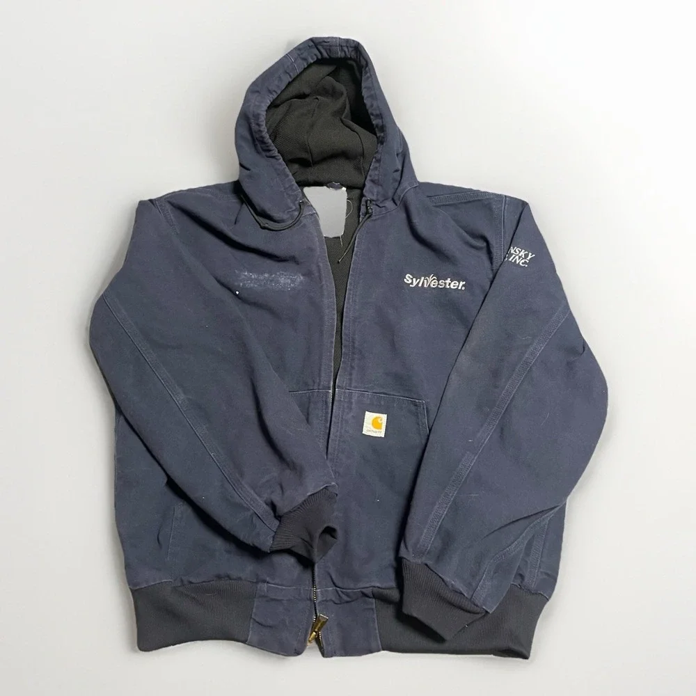 Vintage Carhartt J131 DNY Dark Navy Hooded Jacket Sz XL Sylvester Polansky Seed